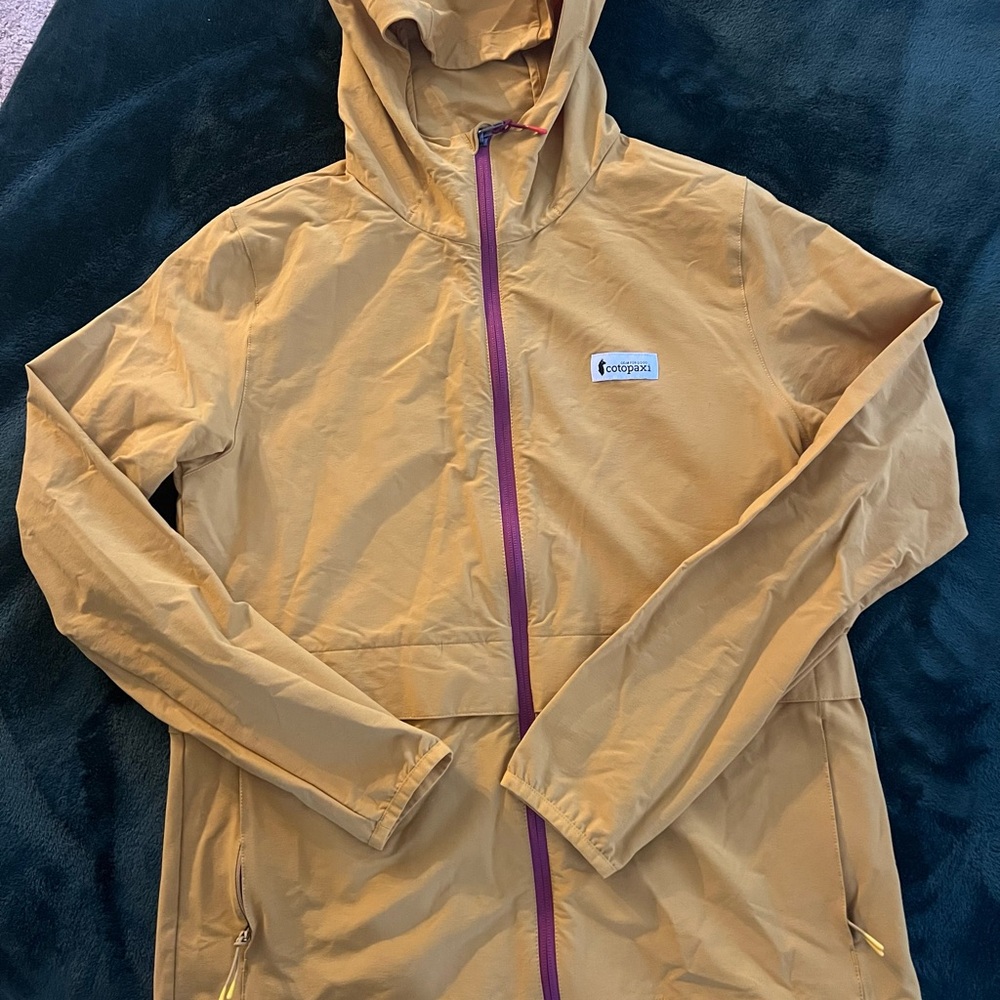 cotopaxi Mustard Yellow Hooded Jacket with Purple Zipper